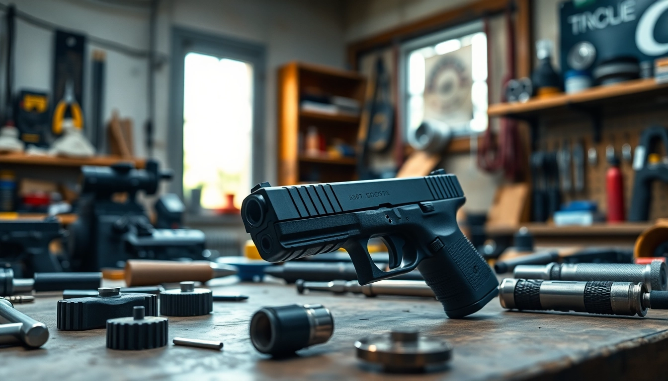 Showcasing a detailed glock 19 slide in a workshop setting, emphasizing craftsmanship and precision.