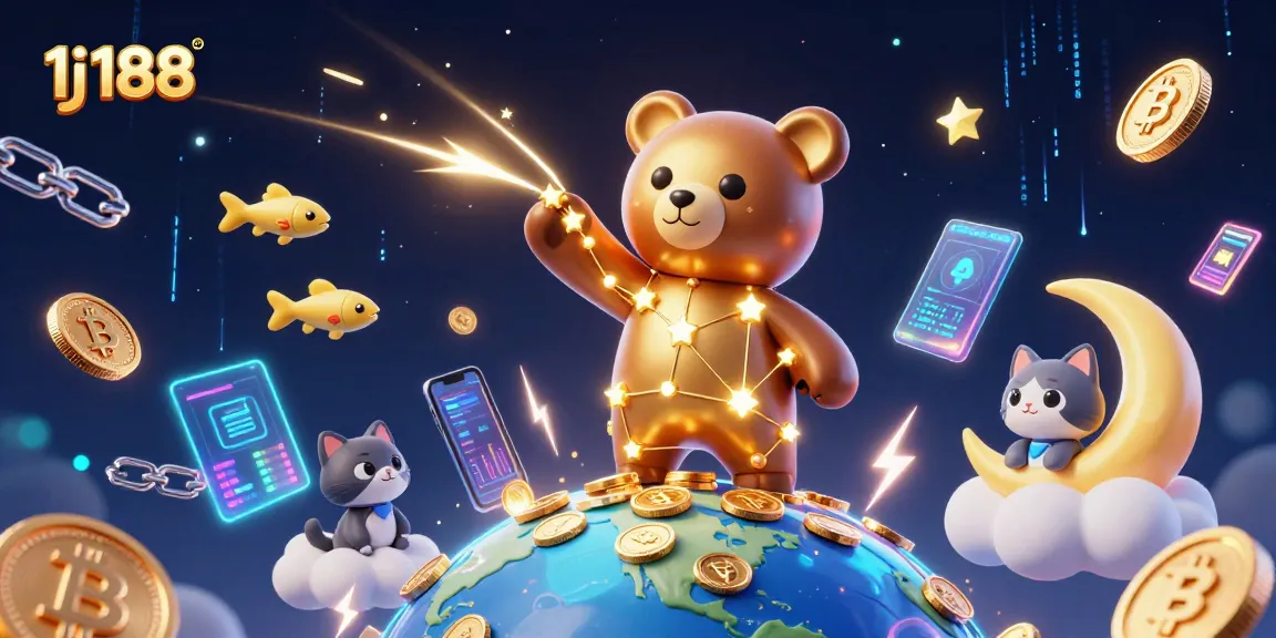 Experience thrilling gameplay at 1j188 with cheerful 3D characters and crypto elements showcasing excitement.