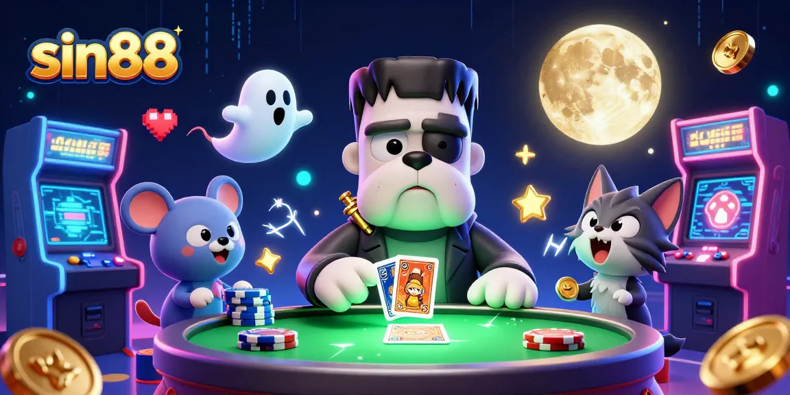 Play cards with sin88 in a spooky casino featuring vibrant 3D characters and elements.
