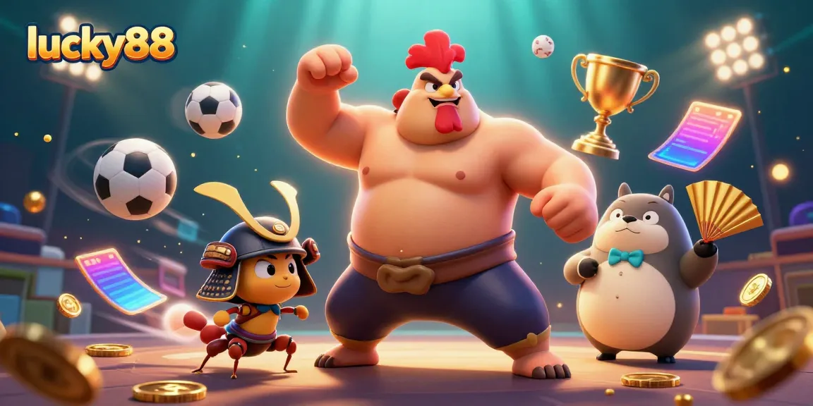 Engaging lucky88 casino scene with dynamic sumo wrestler, fierce cricket, and shiny gold elements.