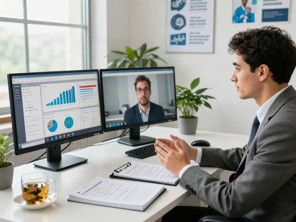 Consultant discussing bolakami strategies during a virtual meeting in a bright office.