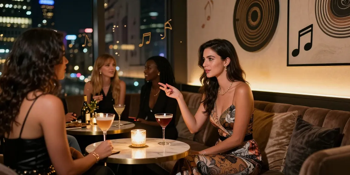 Gái gọi tận hưởng buổi tối sang trọng tại quán bar hiện đại với đèn trang trí và đồ uống tinh tế.
