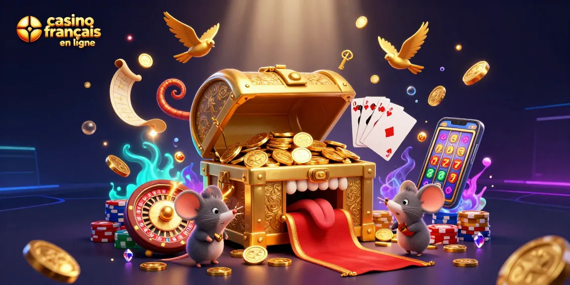 Jouer au casino français en ligne, une illustration 3D captivante avec des éléments de richesse et de chance.
