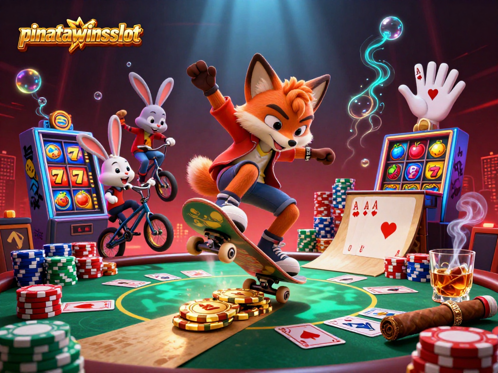 Experience pinatawinsslot thrills with a vibrant scene of a fox and rabbit in a casino-themed adventure.