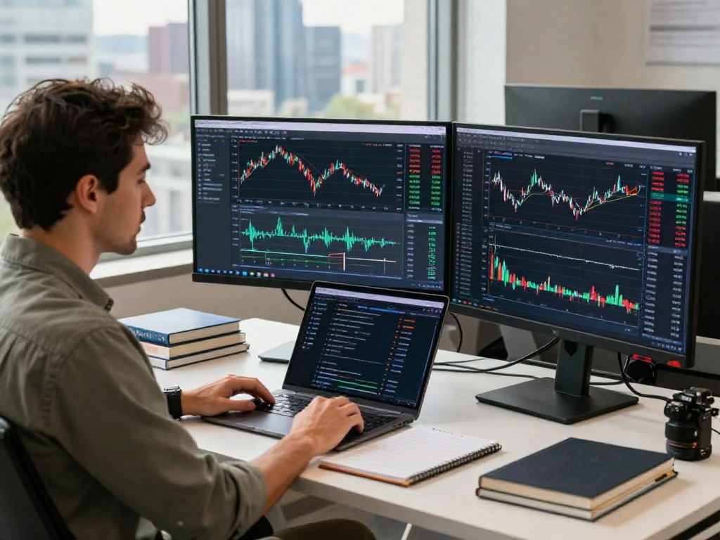 TradingView workspace with multiple screens displaying market charts and alerts in a sleek office setting.