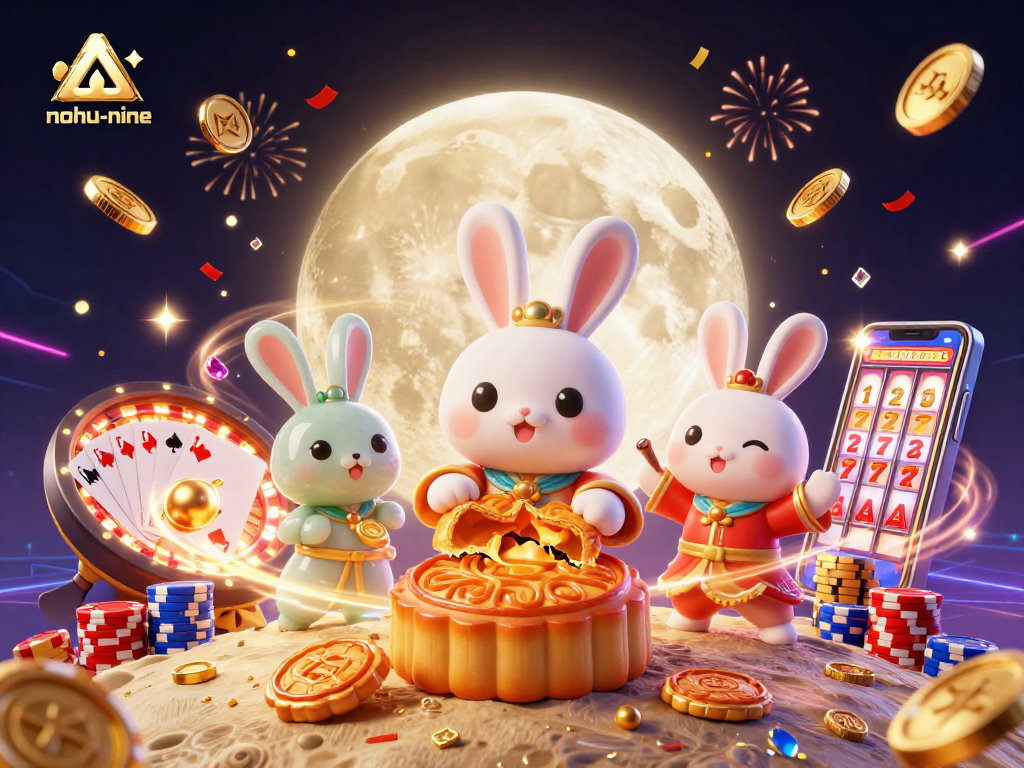 Nohu-nine brings excitement with a 3D moon rabbit revealing poker chips amid cascading treasures.