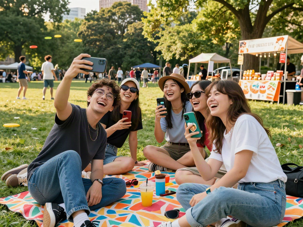 Young adults enjoying day outdoors, discovering who they look like celebrities.