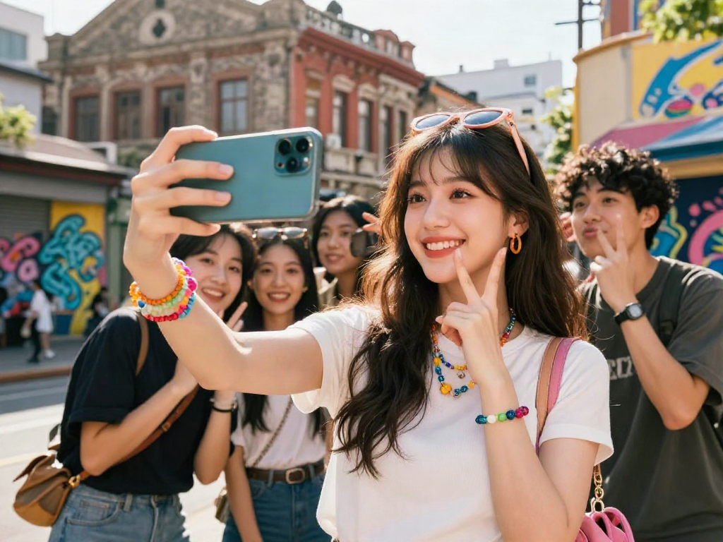 Using a smartphone to check how old do I look in a lively urban setting with friends.