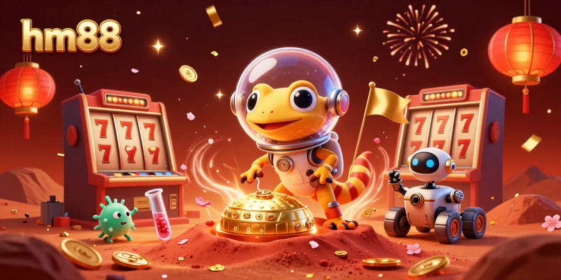 Experience the excitement of hm88 with a vibrant 3D illustration showcasing Martian adventure and casino gaming.