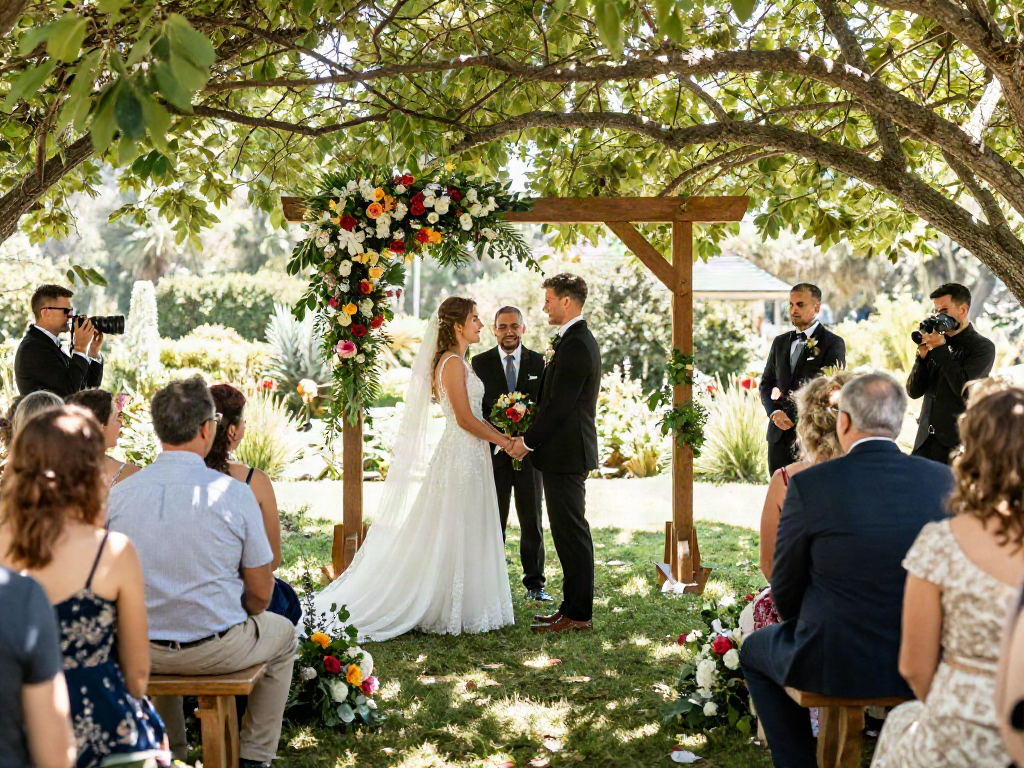 Dunedin wedding photographer capturing an outdoor ceremony with natural light, joyful couple exchanging vows amidst lush greenery.
