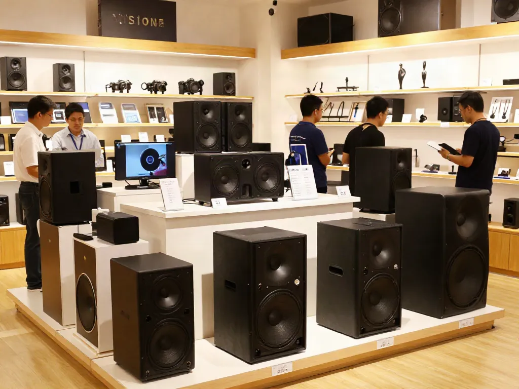 Vision Speaker Price in bangladesh displayed at a modern electronic retail store with various sound systems.