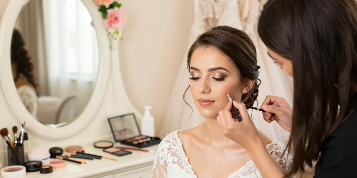 Trucco sposa luminoso in preparazione con trucco professionale e ambiente romantico.