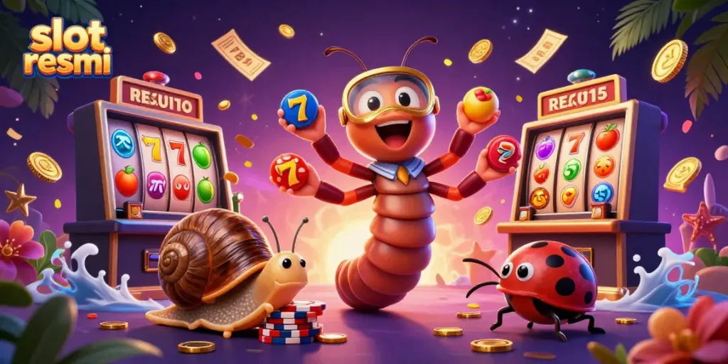 Permainan slot resmi dengan karakter dealer unik dan simbol slot berwarna-warni yang menarik perhatian.