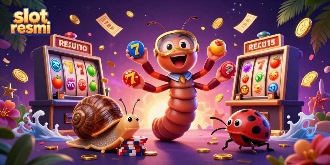 Permainan slot resmi dengan karakter dealer unik dan simbol slot berwarna-warni yang menarik perhatian.