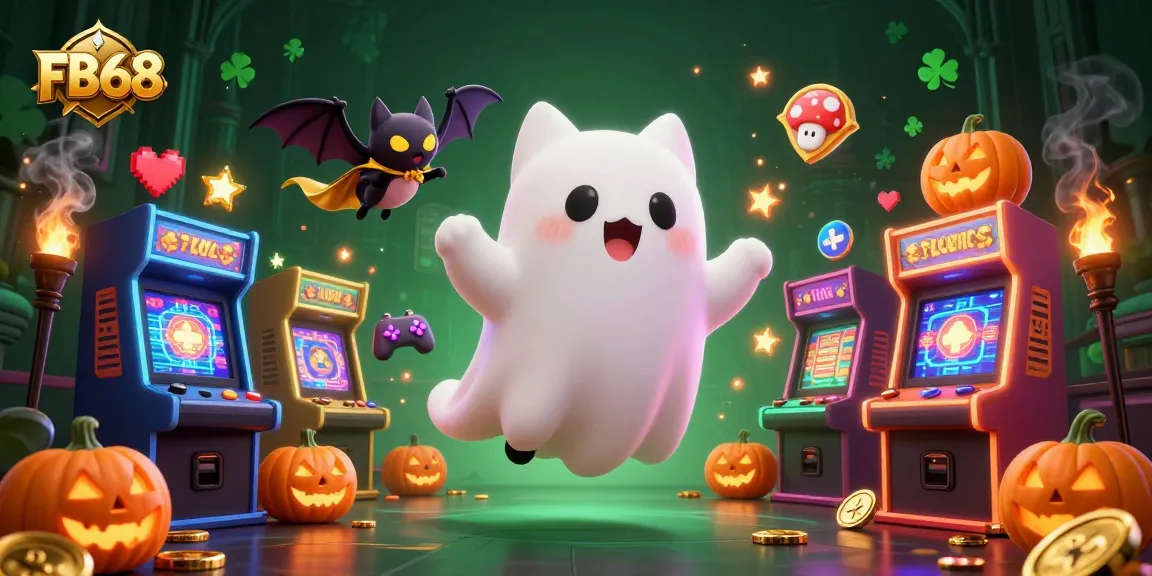 Engage in thrilling gameplay at FB68, featuring vibrant casino elements and dynamic characters amidst glowing visuals.