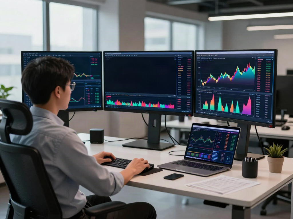 Dynamic cryptocurrency trading scene showcasing 日経平均 リアルタイム API with advanced financial analytics in a modern office.