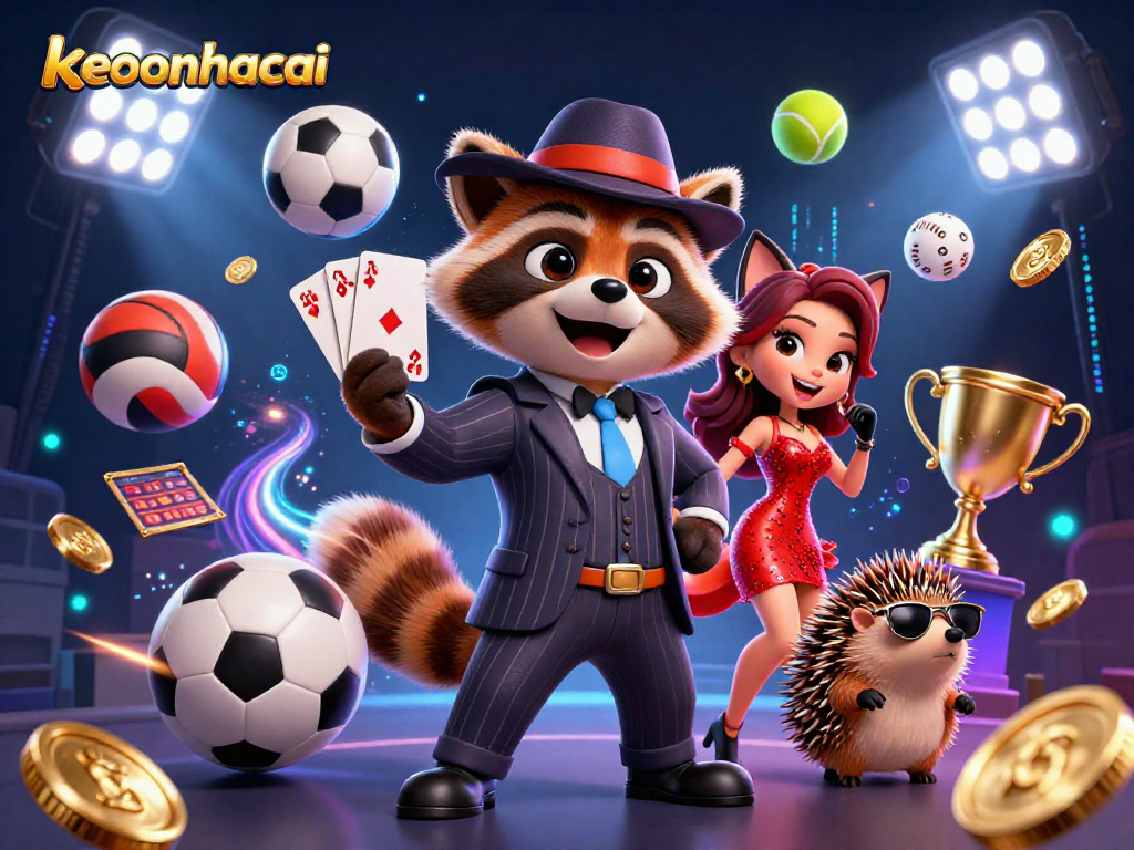Join keonhacai's gaming scene featuring a raccoon and friends amid sports thrills and vibrant betting elements.