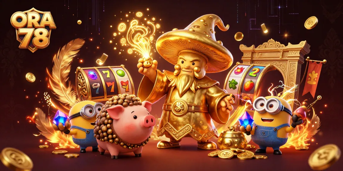 ORA 78 dalam ilustrasi sihir kasino, menampilkan jackpot emas dan simbol slot yang menggiurkan.