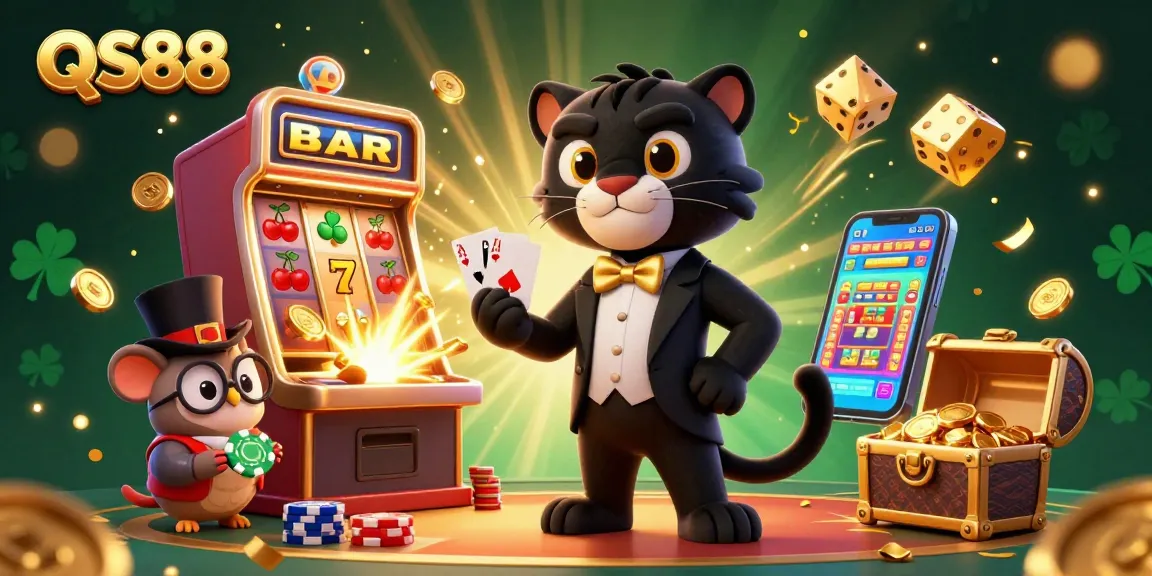 Engage in thrilling casino games at QS88, showcased by a stylish panther, owl, and lucky mouse.