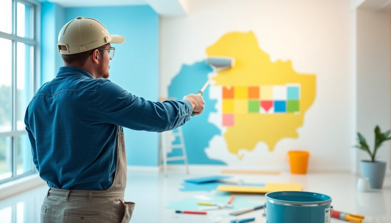Skilled commercial painter at work in a modern office, demonstrating expertise and attention to detail.
