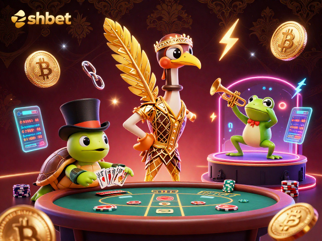 Experience thrilling baccarat action with shbet's unique 3D illustration featuring vibrant characters and casino elements.