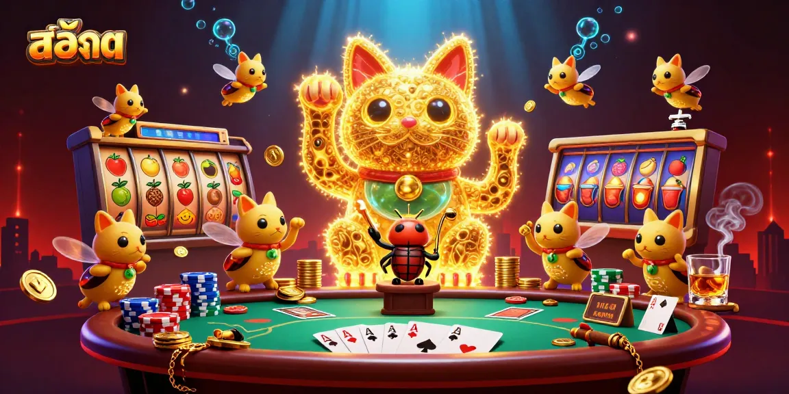 Experience slot excitement with a giant lucky cat and vibrant gaming elements as you play สล็อต.