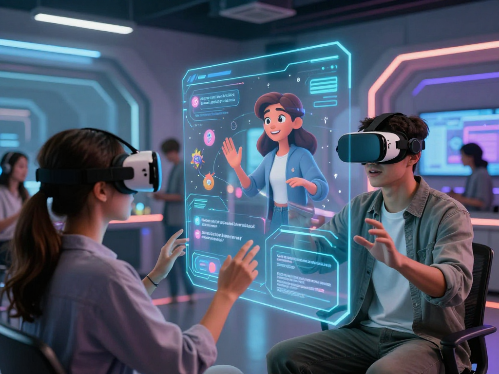 Engaged user in AI roleplay session with virtual reality headset in a futuristic setting.
