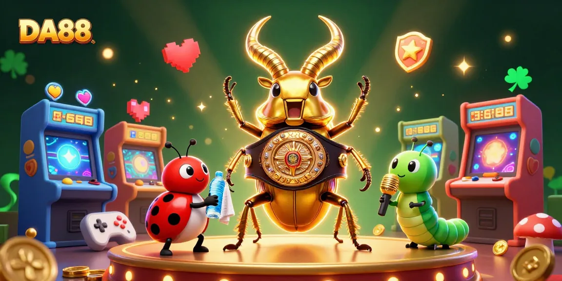 Experience DA88's vibrant gaming energy with a golden stag beetle champion in a lively casino scene.