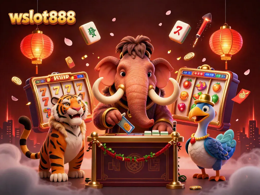 wslot888 menampilkan ilustrasi kasino dengan pemenang jackpot, dodo dan harimau di pintu