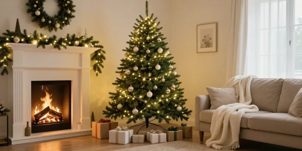 Beautiful slim Christmas tree in a decorated living room with festive ambiance.