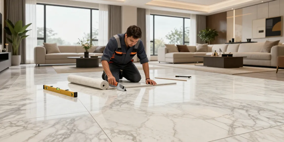 NAGA2000 premium flooring installation showcasing elegant marble and travertine tiles in a modern living space.