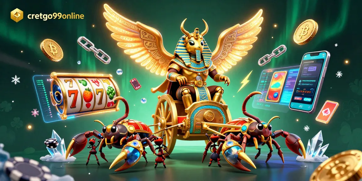 Join the excitement at cretgo99online with a 3D golden scarab beetle leading a treasure-filled chariot.