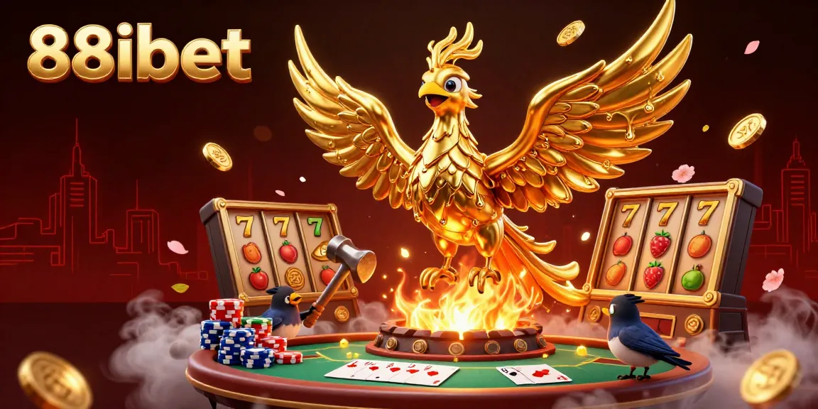 Experience thrilling gaming action with 88ibet's golden phoenix emerging from a forge amidst vibrant gambling elements.