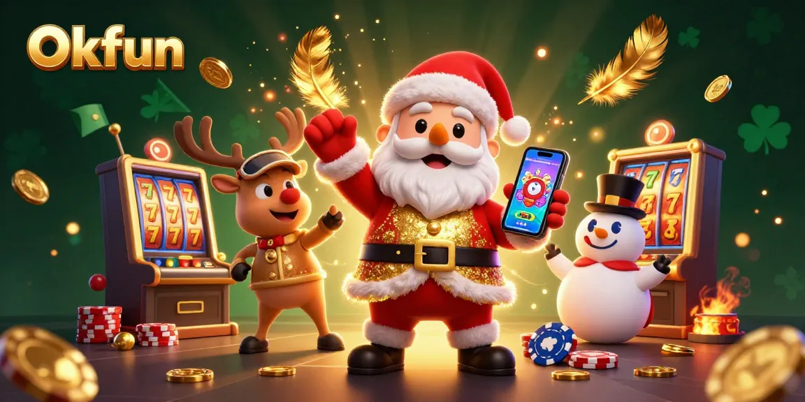 Spin reels and win big with Okfun's exciting gaming adventure featuring slot machines and festive characters.